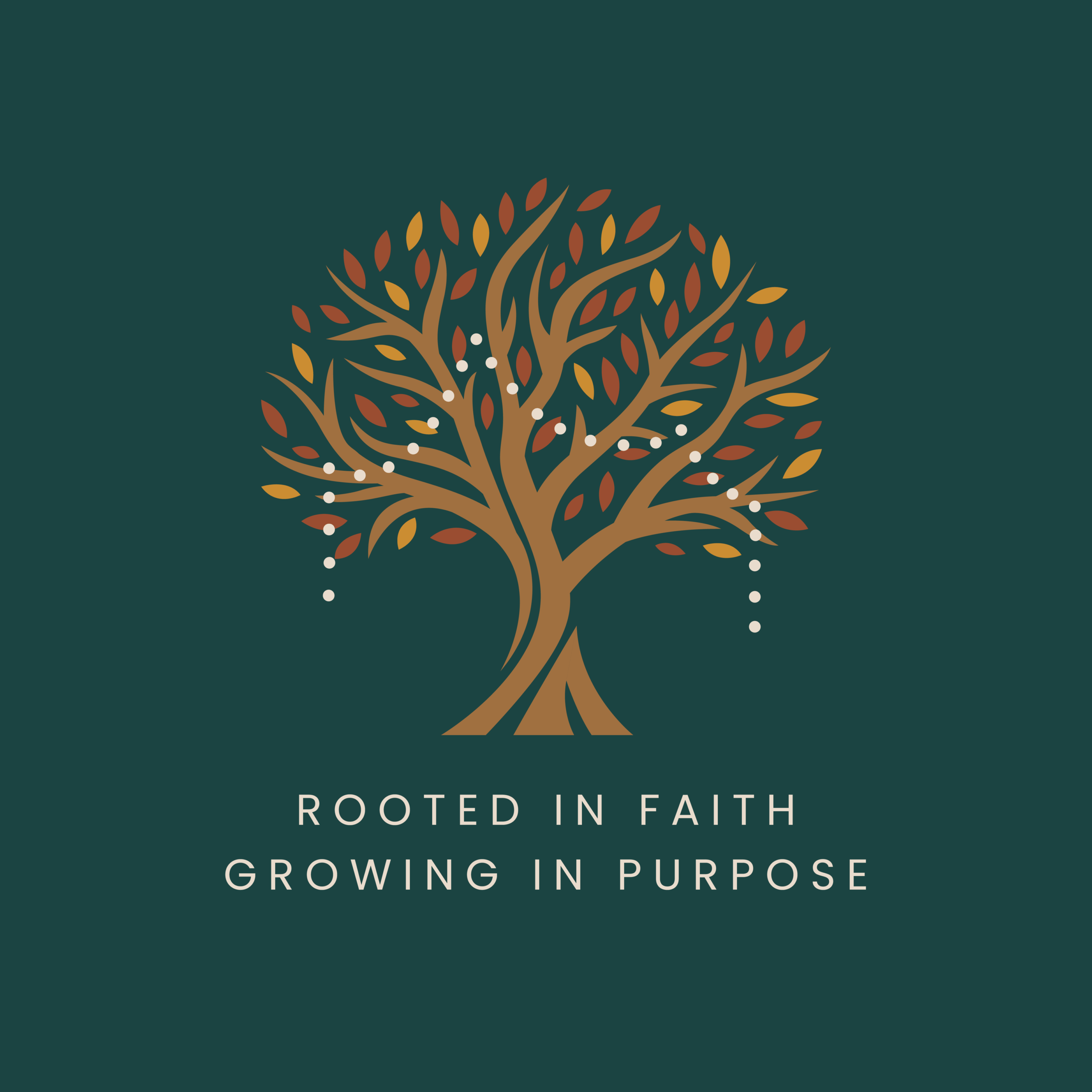 Event Graphic of tree with fall leaves and hanging lights, "Rooted in Faith, Growing in Purpose"